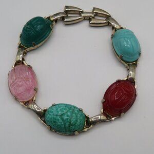 Vintage Monet Scarab Egyptian Revival Silver Tone Bracelet